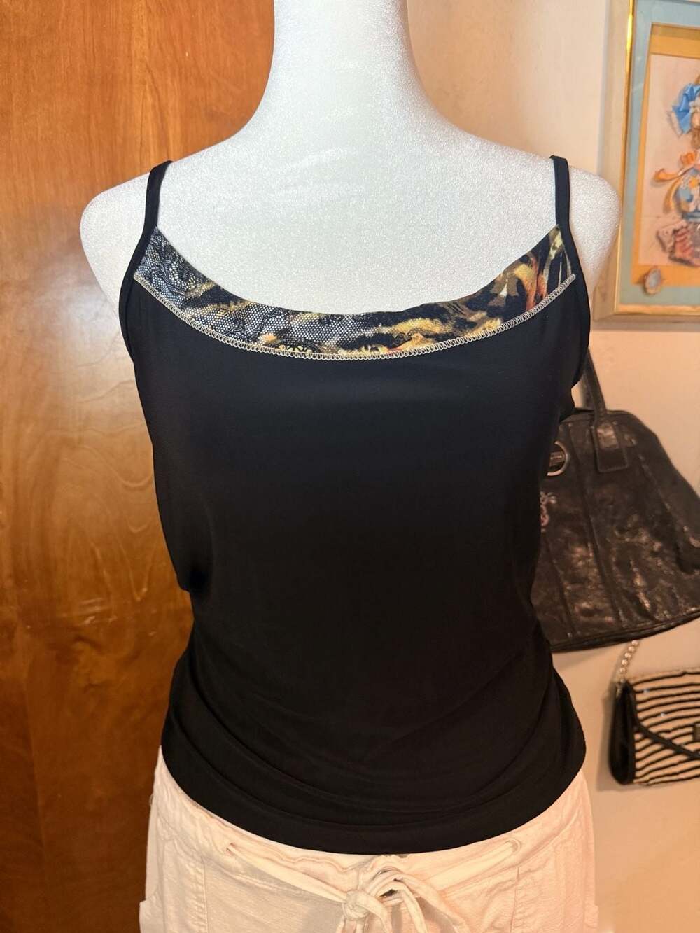 Joseph Ribkoff Black Camisole Tank Top with Leopard/Lace Print Trim Size 6